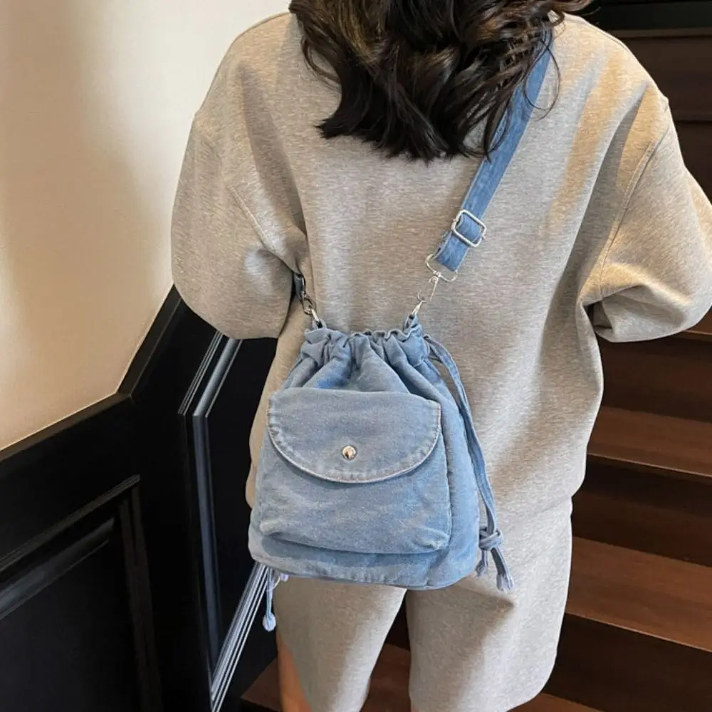 

Korean Style Retro Denim Shoulder Bag Purse Solid Color Drawstring Bucket Bag Wallet Bags Crossbody Bag Mobile Phone Bag