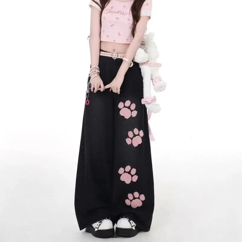 

Женские брюки с кошачьими царапинами и вышивкой, милая красота, свободные летние дышащие новые модели, прямой крой, дизайн с высокой талией и широкими штанинами