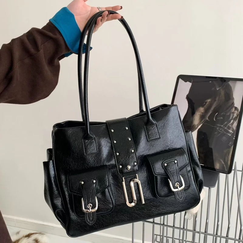 

Moto & Biker Tote Bags For Women Luxury Designer Handbag Purse 2026 New In PU Rivet Metal Sheet Top Handle Y2K Underarm Shoulder