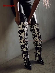 Milk Pattern Patchwork Knee High Boots Pointy Toe Stiletto Heels Side Zipper Women's Boots Casual Runway Brand Shoes Winter 2024