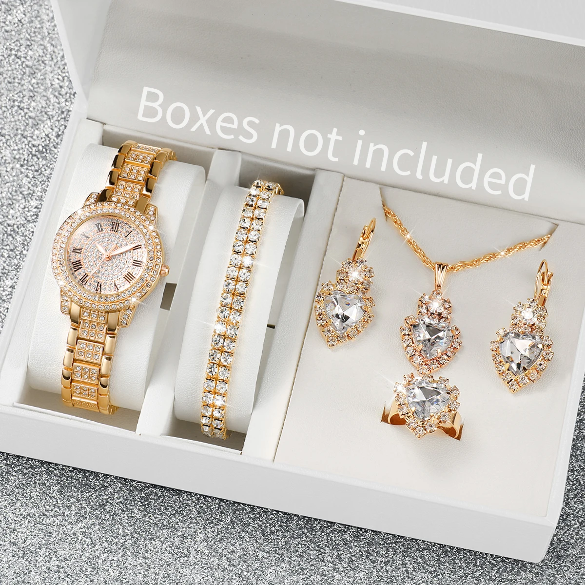 6PCS/Set Fashion Full Diamond Women\'s Watch Gold Steel Band Quartz Watches Diamond Jewelry Set（Without Box）