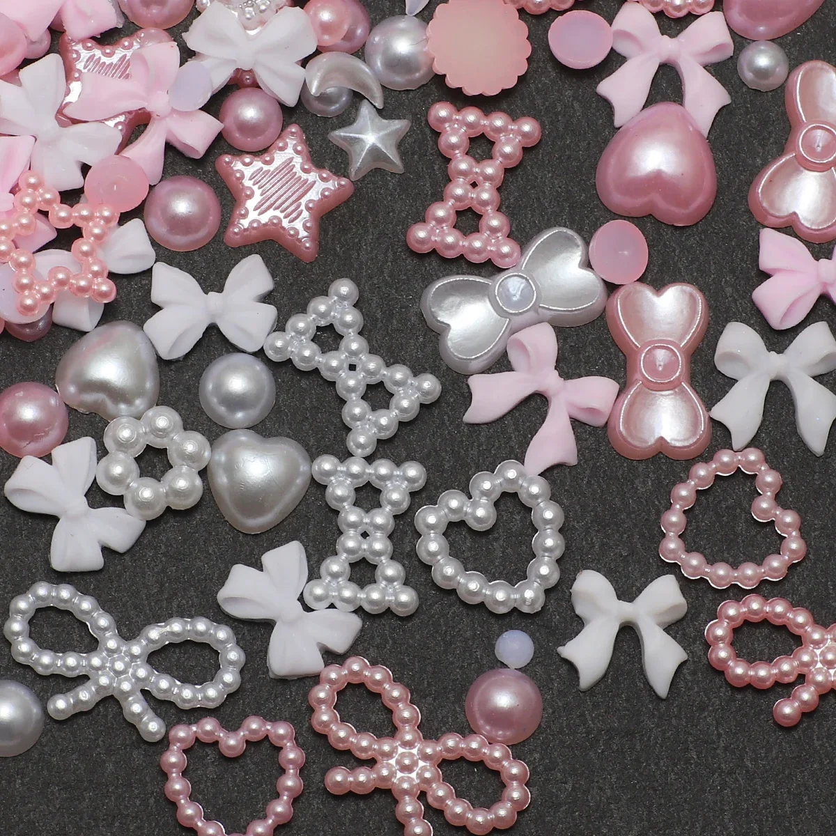 1 Box Nail accessories 3d Nail Charm Resin Love Bow Pentagram Nail Accessories Mixed Pink White resin Hollow Pearl for manicure