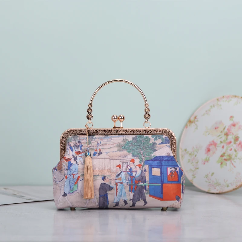 Bolsa em material DIY com pendão para mulheres, sonho de mansões vermelhas, modelos clássicos, boca, bolsa dourada, estilo chinês, 2024