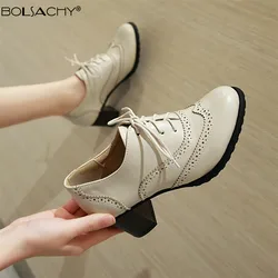2025 Vintage Brogue Shoes Women Pumps Lace Up Cut Out Oxford Shoes PU Leather Chunky High Heels Lady Chaussure Footwear 34-43