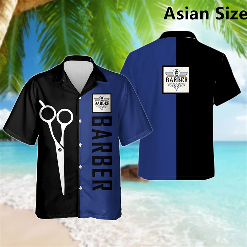 Simple Fashion Barber Graphic Shirts Summer Trend Short Sleeve 3D Print Lapel Workwear Shirt Casual Breathable Loose Unisex Tops