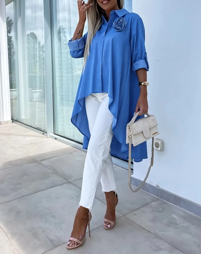 2024 Summer New Blue Women's Shirt with Rose Details Roll Sleeves, Asymmetric Hem Design Top with Short Front and Long Back