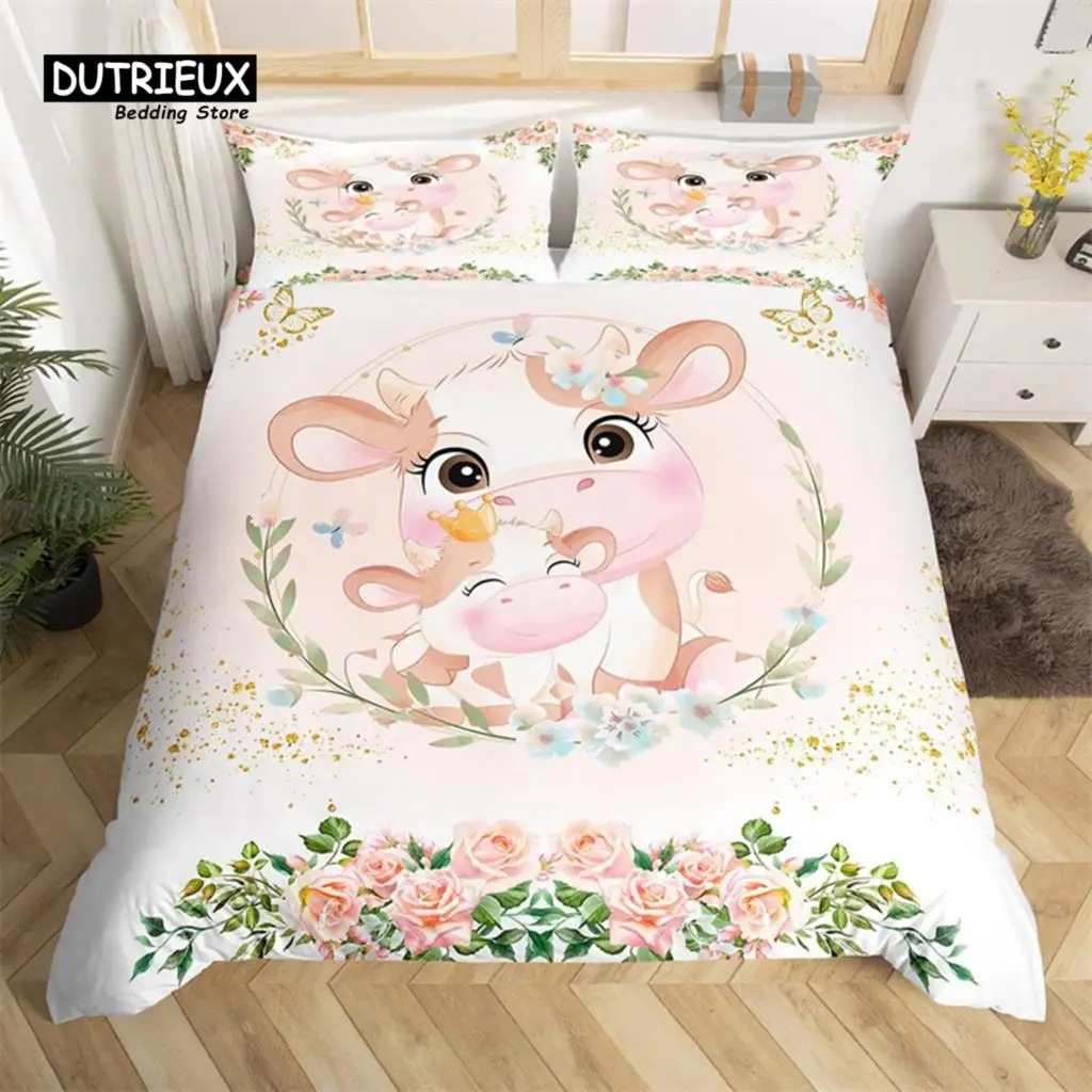 

Cute Milk Cow Bedding Set King Cartoon Animal Duvet Cover Botanical Floral Comforter Cover Microfiber Farmhouse Bedspread Cover