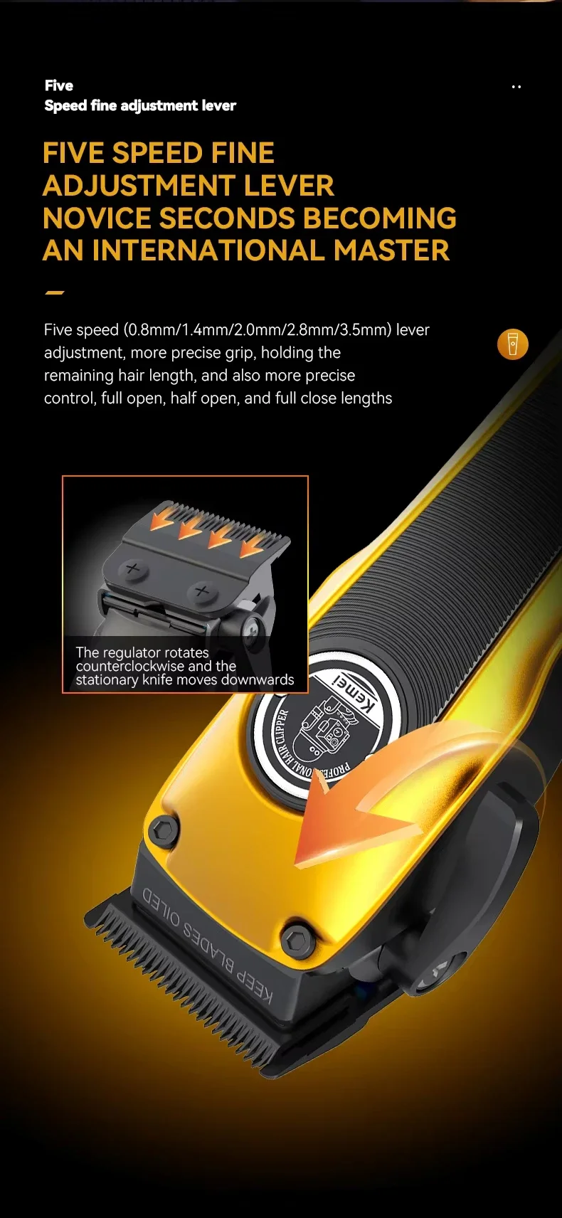 Kemei KM-1826 Professioneller kabelloser elektrischer wiederaufladbarer elektrischer Friseur aus Metall für Herren, Blonde Barber, Rasierer, Trimmer, Haarschneidemaschine – Detail 5