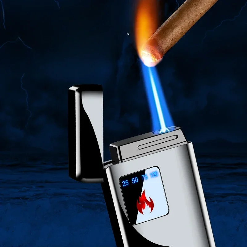 Metal Electric Blue Flame Ice Plating Digital Display Power Touch Sensor Outdoor Windproof Jet Cigar Torch Lighter Without Gas