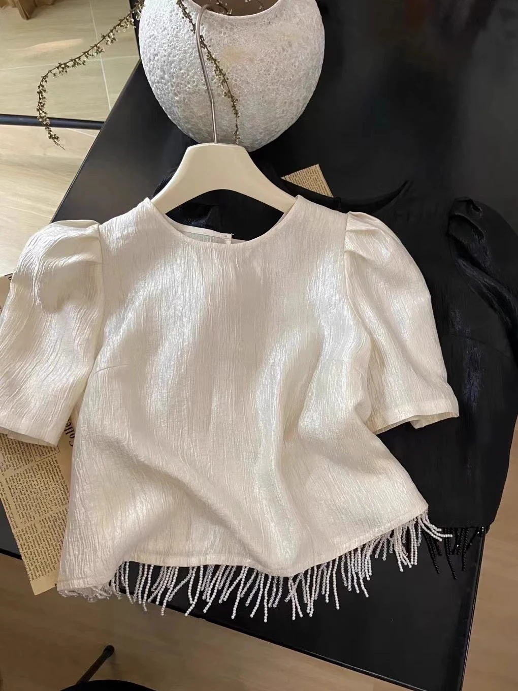 

Женский ort Bubble Sve Oversized irt Летний круглый пуловер Ne с кисточками Универсальный верхний дизайн Тяжелый струящийся...