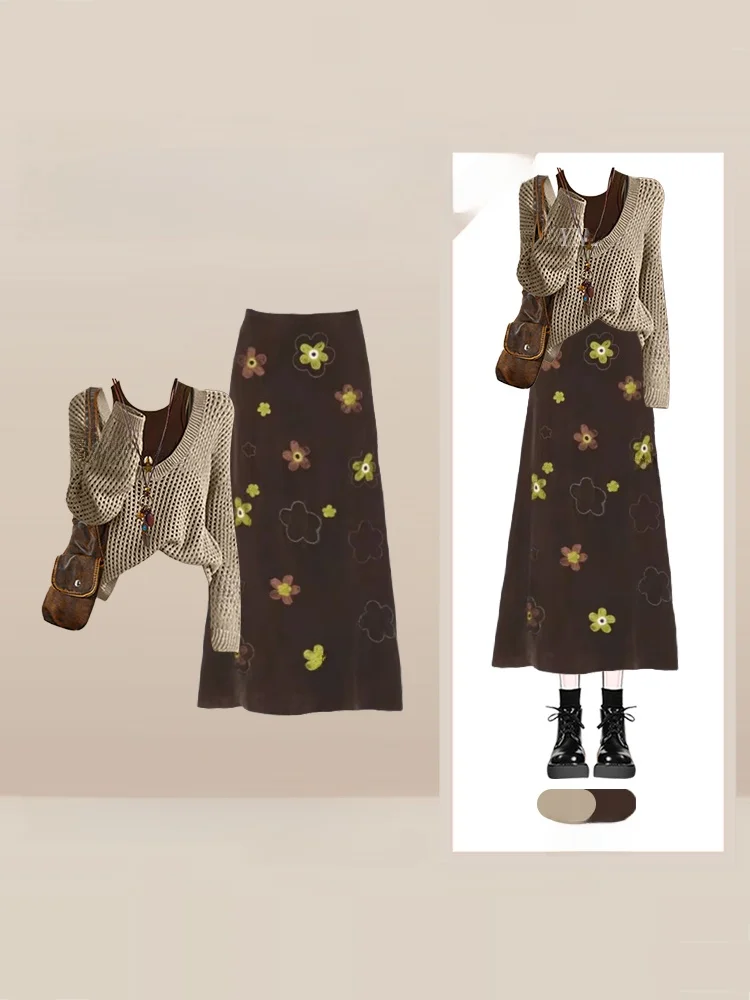 

Korean Sle Unique Floral Print Hollow out Top And Vest Set Women's Faion Layering Winter Outfit High Waist Skirt