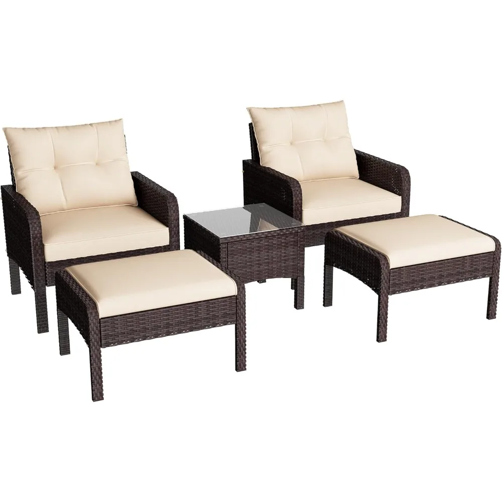 

U-MAX Outdoor 5 Pieces Patio Furniture Set, PE Rattan Wicker Chairs with Ottoman and Table, Bistro Set for Front Porch, Garden,