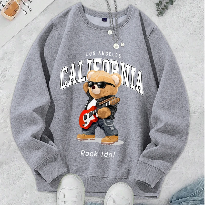 Rock Idol Hip Hop Bear Printing Sportswear Men'S Autumn Loose Hoody Casual Fleece Sweatshirt Simple Crewneck Pullover Tops Male