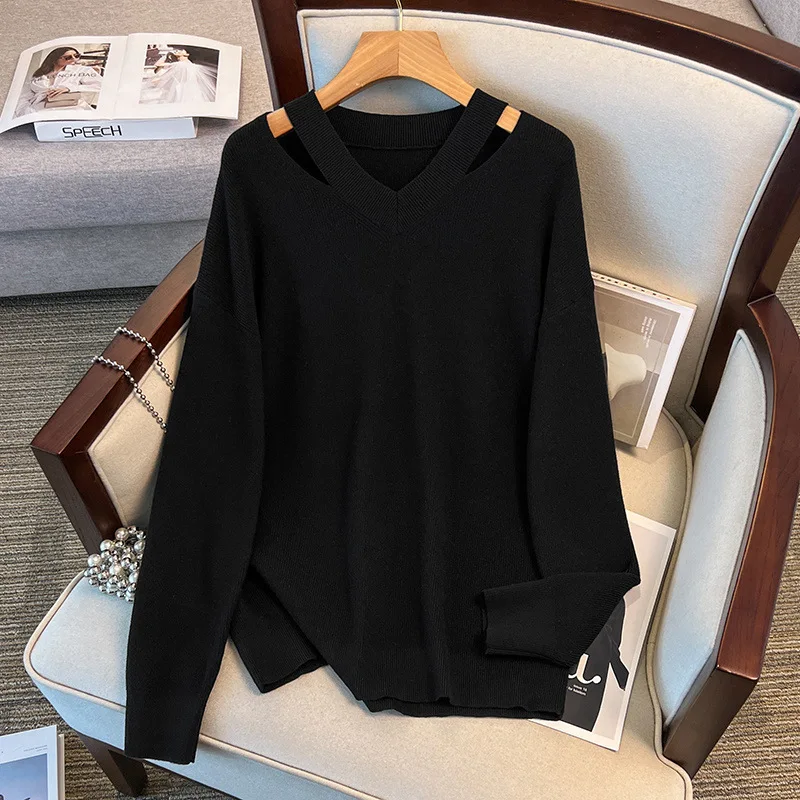 170Kg Plus Size Women\'s Bust 160 Spring Autumn Loose V-Neck Knitted Sweater Black Apricot 4XL 5XL 6XL 7XL 8XL 9XL