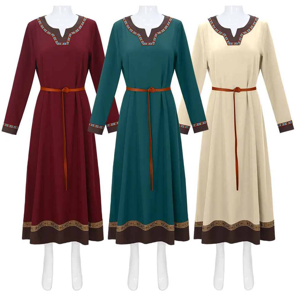 Vestido viking medieval feminino halloween renascentista campo quatro lados estilo étnico vestido médio