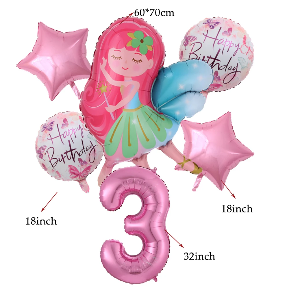 6 szt. Balony dla mała wróżka dziewczynek motyl z folii słonecznikowej balon 32-calowy różowe cyfry balon 1-9 lat dziewczynka urodziny Decorat — zdjęcie 5
