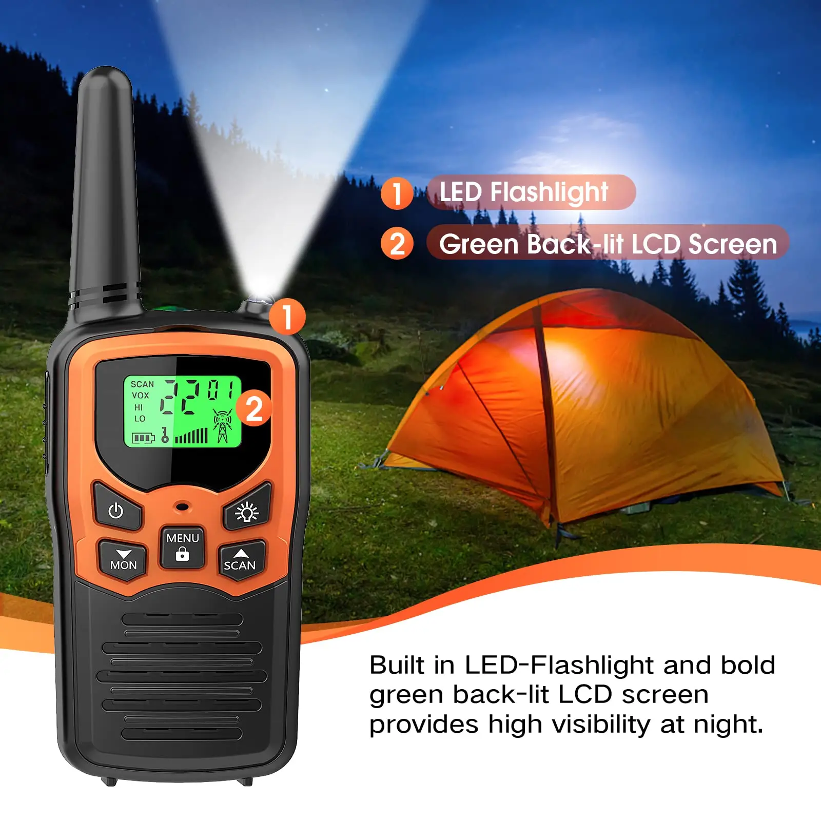 Walkie Talkie de Longo Alcance para Adultos, Lanterna LED LCD para Caminhadas, Acampamento, Viagem, Caminhada, Família, 22 Canais FRS