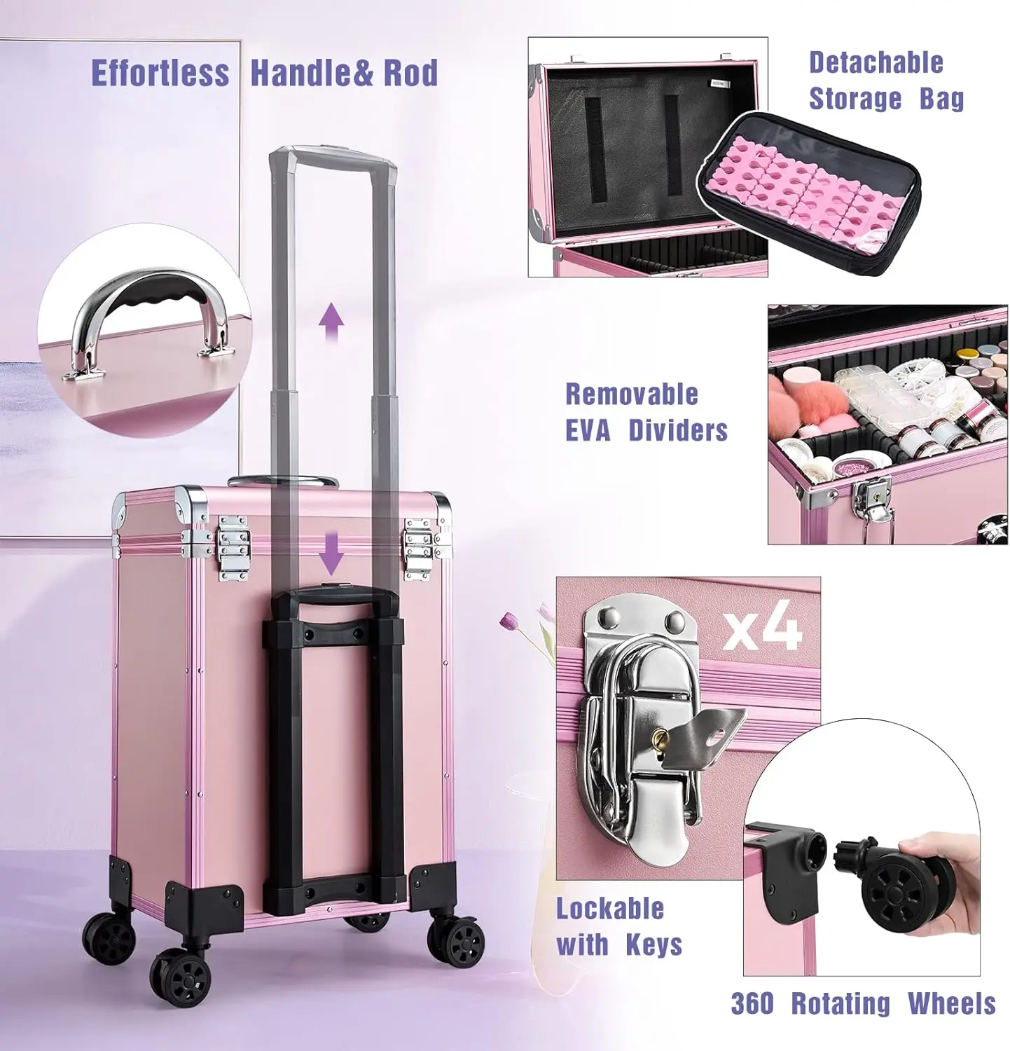 zzo Professional Rolling Makeup Train Case With Drawers, Large Cosmetic Trolley With Locks, Cosmetics Storage Organizer Make