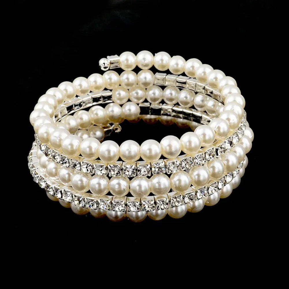 Multiple Shining Rhinestone Crystal Bracelet Pearl Cubic Zirconia Wide Hand Wrist Bracelet For Women Girl Bridal Wedding Jewelry
