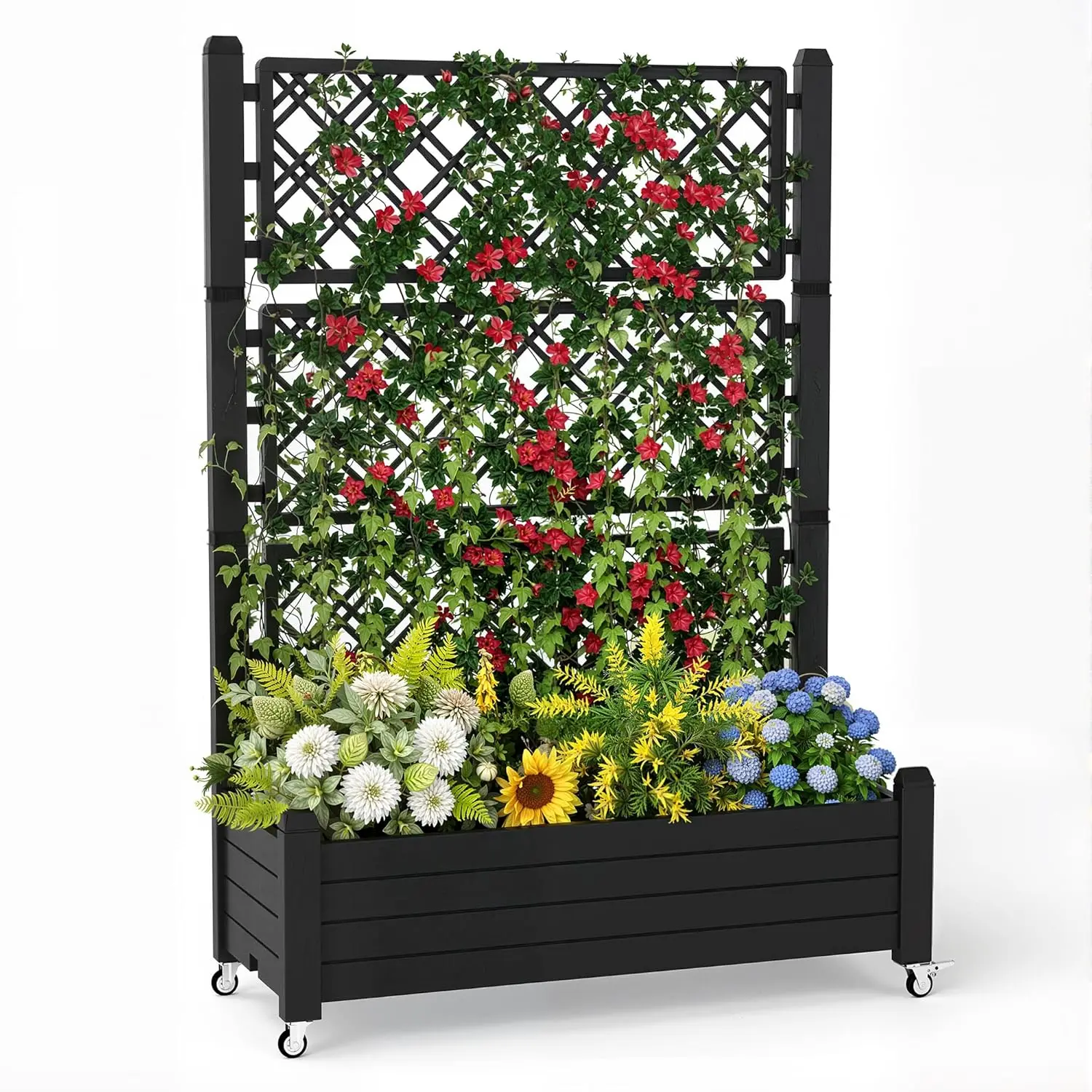 Raised Garden Bed with Trellis, 21 Gallon Self Watering Planter Box with Lockable Wheels & Drainage Holes for Climbing Plants Vegetables Flowers, Anti-Rust Resin for Backyard Patio (Black)