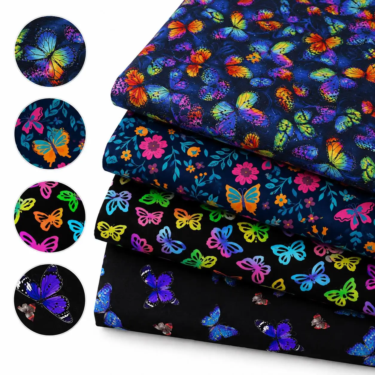 Pre-cut 4pcs 20X20cm Black Series Butterfly Flower Animal Series 100% Polyester Fabric Set, Precut Quilting Squares