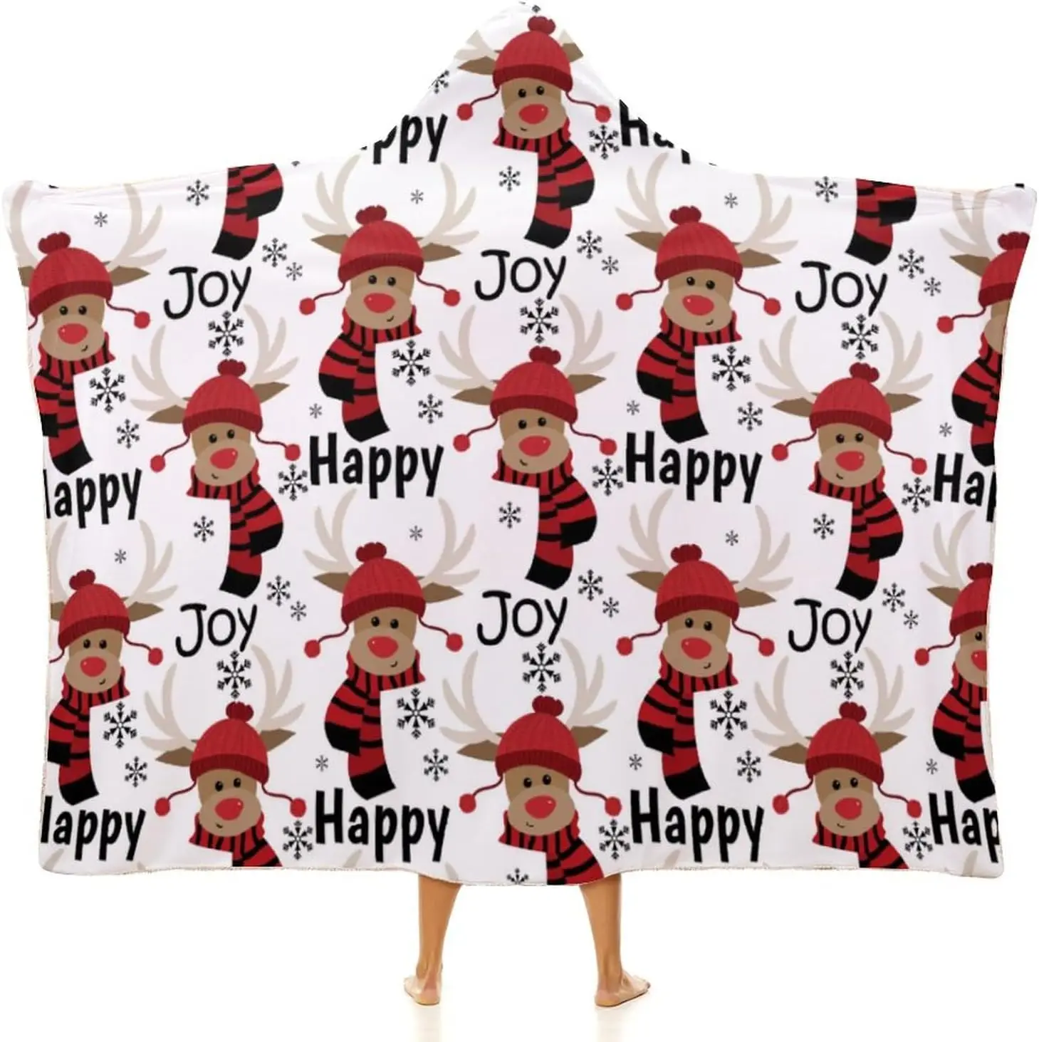 

Joy Winter Reindeer Christmas Hooded Blanket Warm Comfy Wearable Throw Blanket Lightweight Hoodie Cloak Plush 50x60in