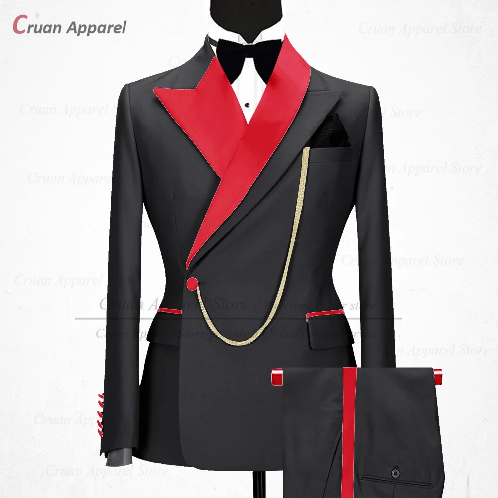 Newest Black Suits for Men Slim Fit Luxury Business Wedding Tuxedos Tailor-made Red Shiny Collar Jacket with Pants 2 Pieces Set