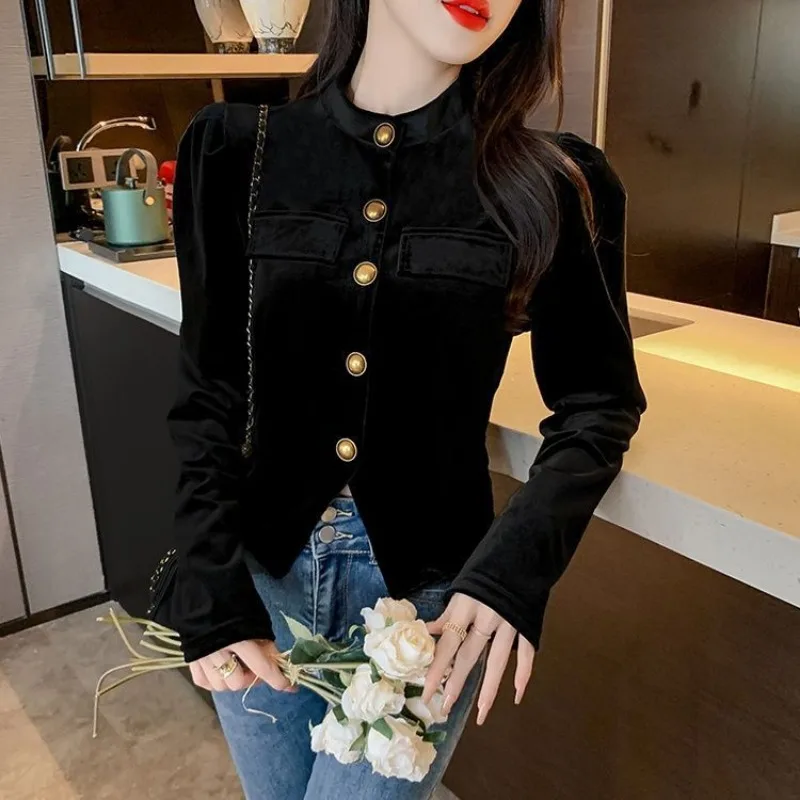 Autumn and Winter Long-sleeved Gold Velvet Women's Shirt Women's Waist-hugging Black Irregular Base Shirt Top