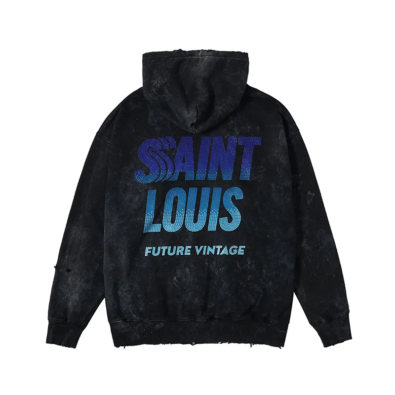 High Quality Saint Louis Gradient Blue Crystal Hoodie Vintage Casual Fashion Men Women 1:1 Sweatshirts