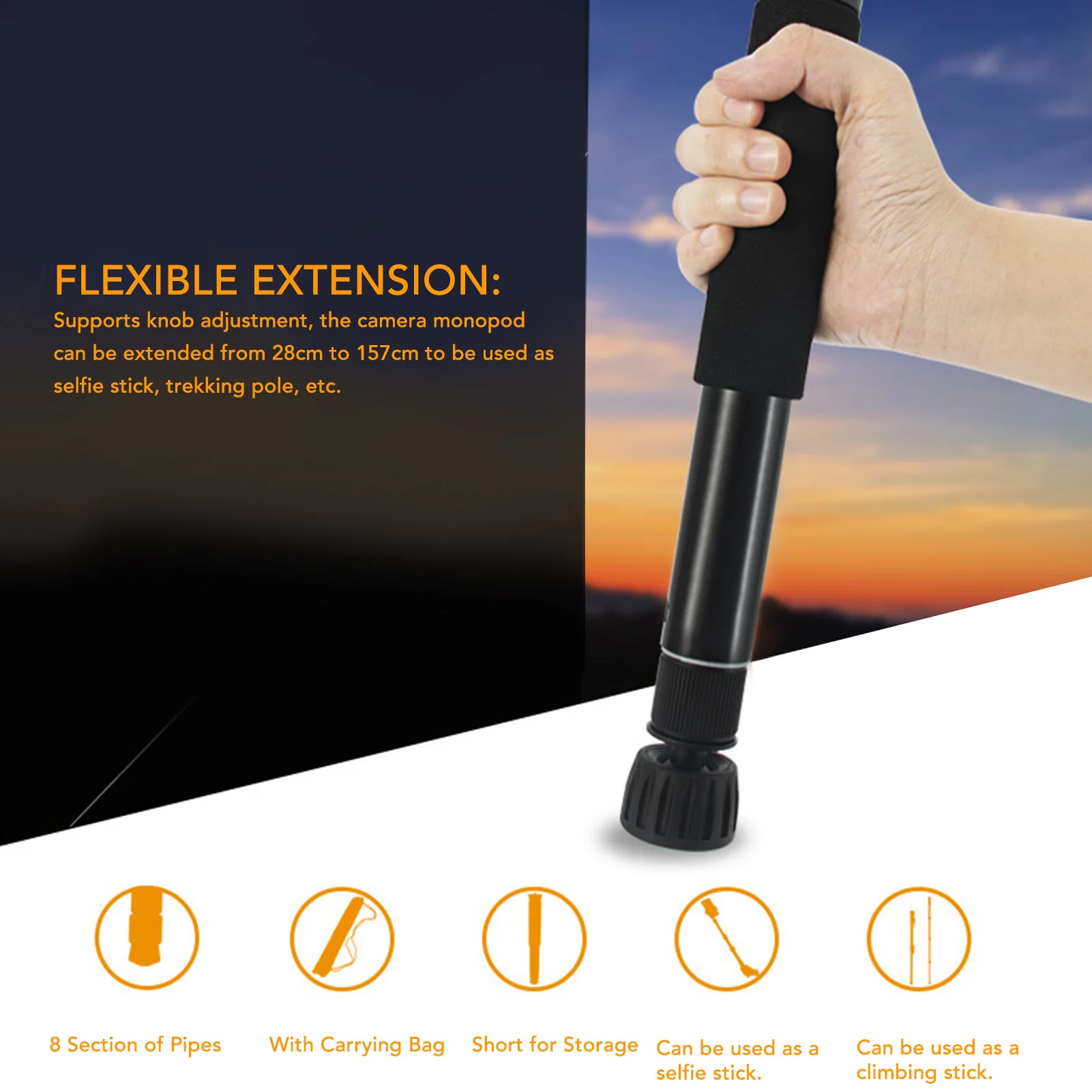 Camera Monopod 8 Sections Selfie Stick Trekking Pole Aluminum Alloy for Hiking Camping