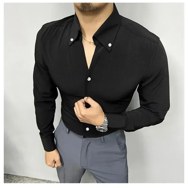 4 Colors!The New 2024 Men Long Sleeve T-shirt Pure Color Multi-functional Leisure Lapel Long Sleeve Breathable Men's Shirts