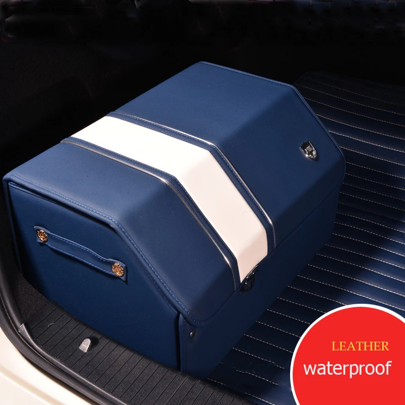 Mixed Colors Luxury Artificial Leather Car Trunk Organizer Storage Box Storage Bag Folding Glove box  Automobile Supplies (blue)