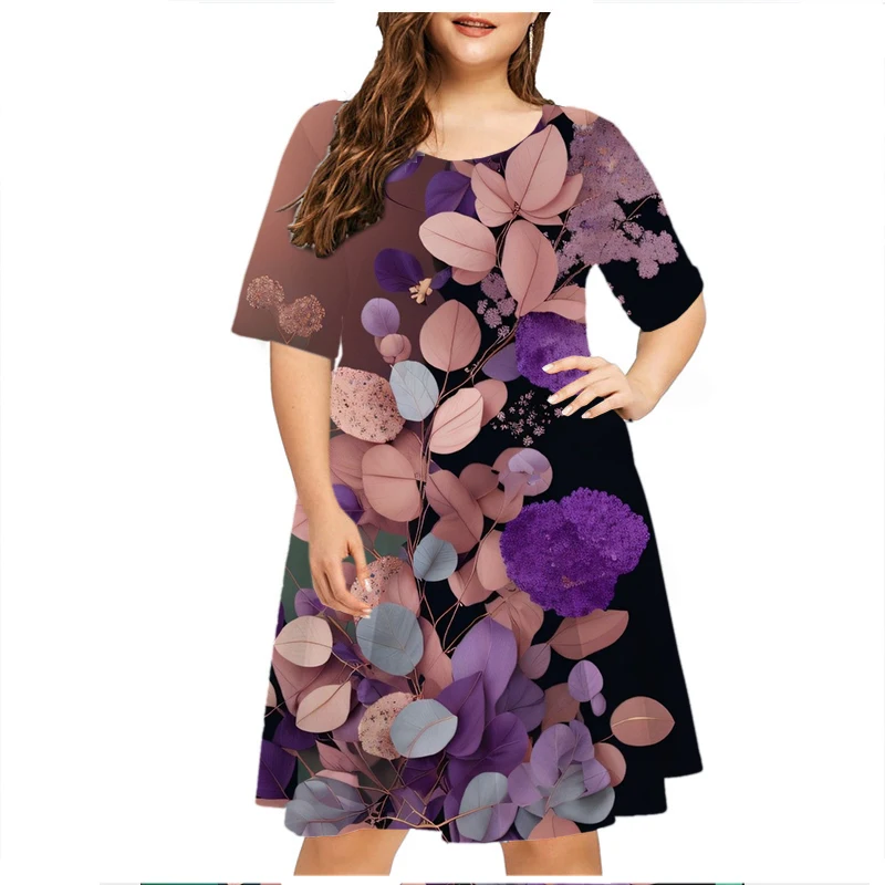 Gradiënt Blauwe Roze Bloemen Print Jurk Vrouwen Elegante Korte Mouw O-hals Party Mini Jurk Losse Plus Size Kleding 6xl Zonnejurk