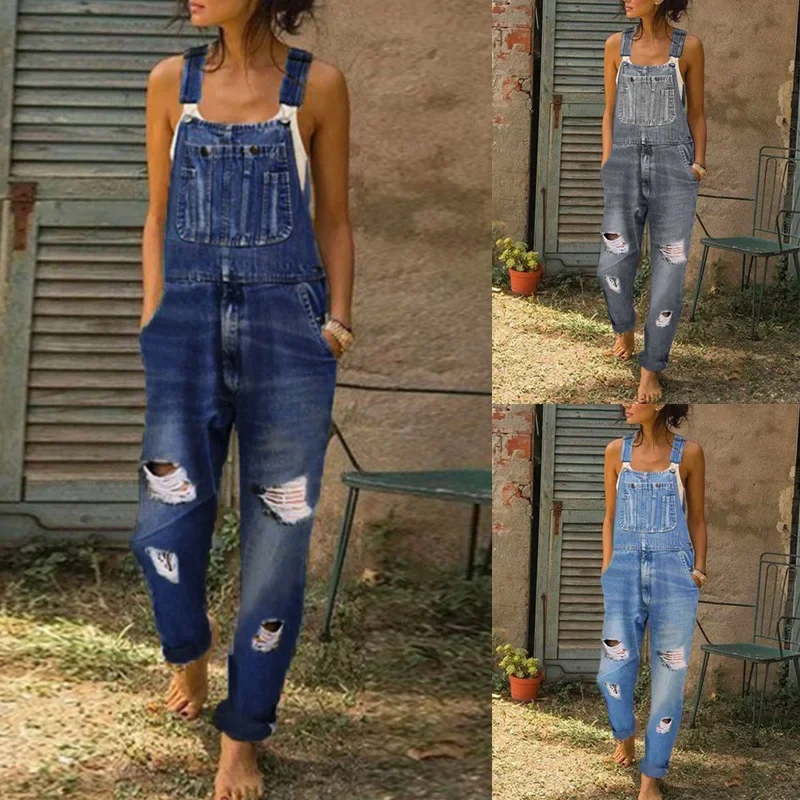 Blue Denim Jumpsuit Overalls Rompers Women Hole Hollow Out E-girl Casual Work Pants Hot Y2k Mom Jeans Long Pants Streetwear