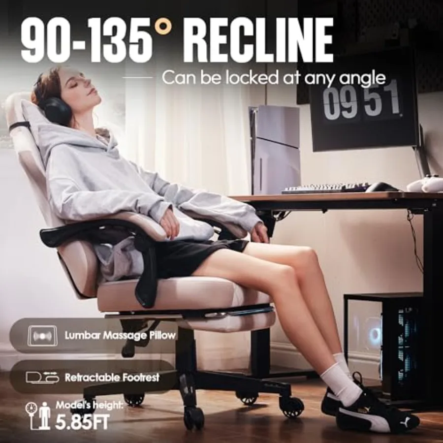 Krzesło gamingowe z poduszką sprężynową, wysokie oparcie, ergonomiczne, obrotowe o 360 stopni, do biura, do gier, z masażem, podparcie lędźwiowe z podnóżkiem.