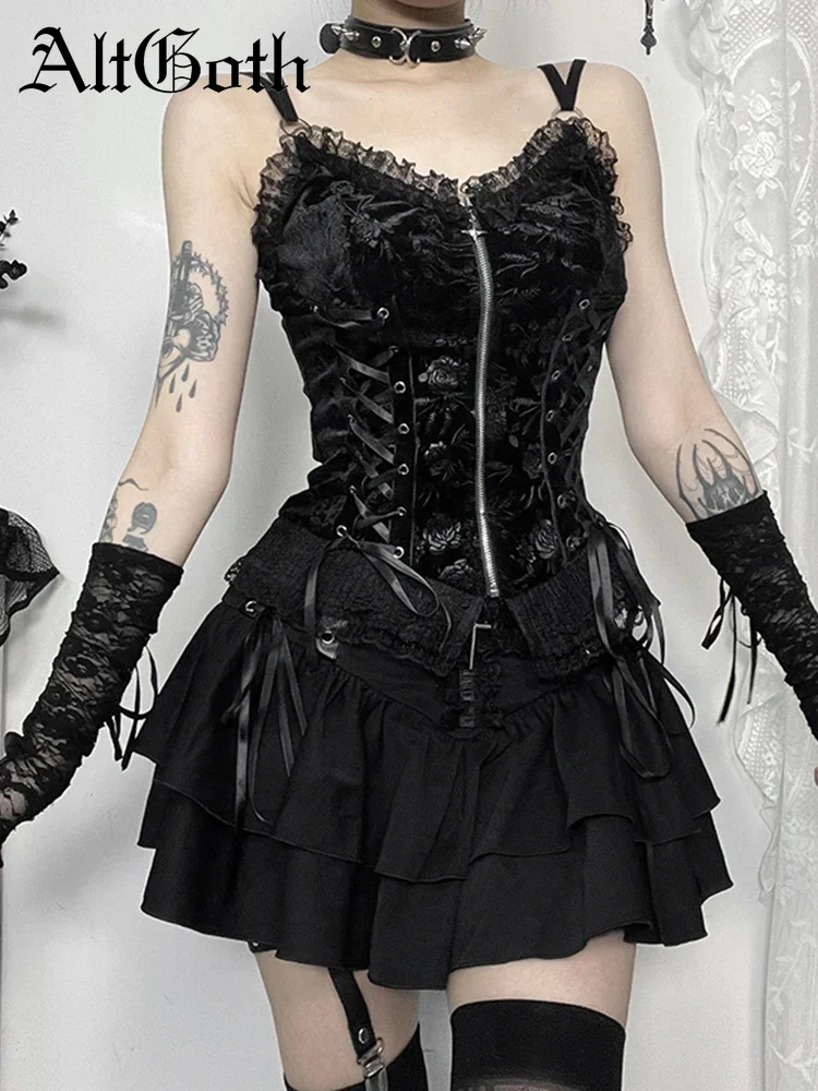 

AltGoth Gothic Dark Velevt Camis Women Vintage Streetwear Fairy Grunge Y2k E-girl Lace Patchwork Bandage Corset Crop Tank Tops