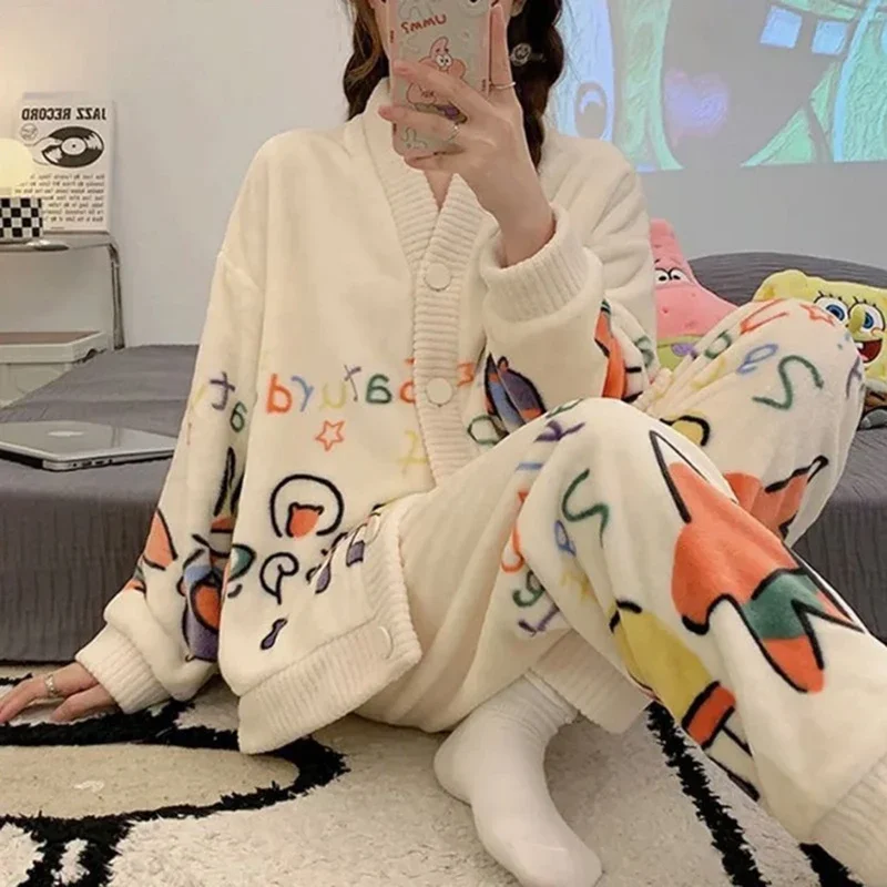 Strawberry print sleepwear women pajamas set winter fleece velvet 2 pieces home suit sleep fluffy Korean piiama warm night wear