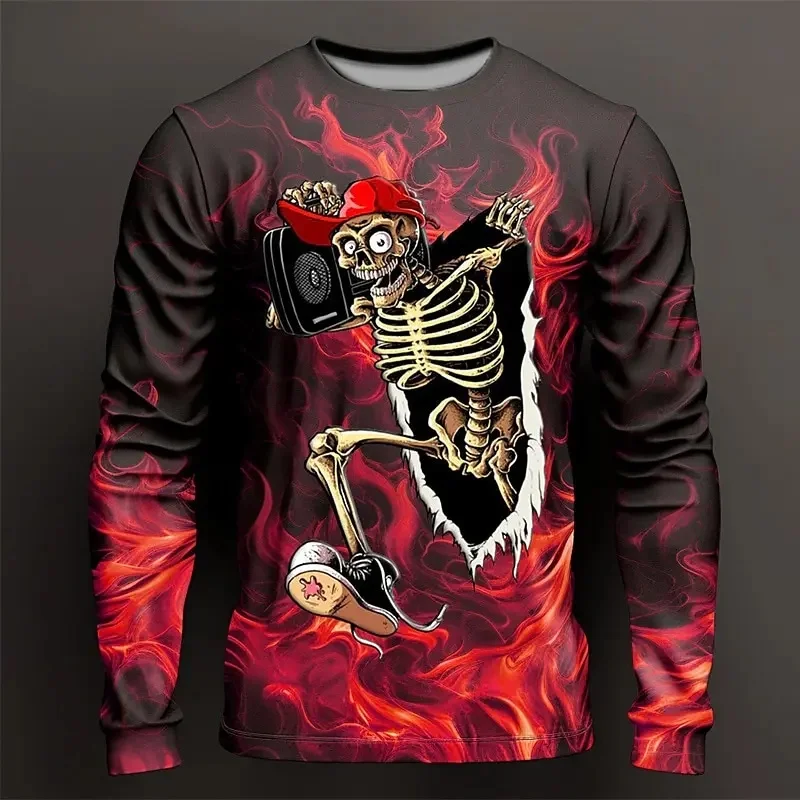 2026 new autumn/winter 3D printed flame scratch pattern 3D printed men's round neck T-shirt long sleeved loose fashion top