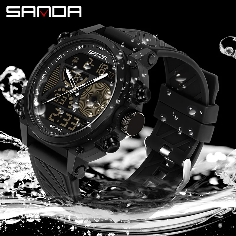 SANDA Large Dial Men's Electronic Watch Multi functional Waterproof Night Light LED Digital Calendar Men's Electronic Watch