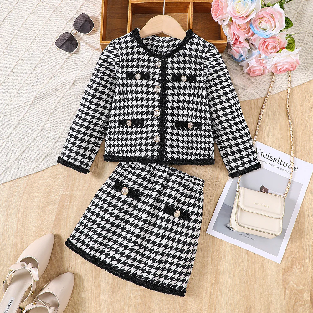 2024 Clothing Set Girls Long Sleeve Houndstooth Button Black Skirts 2 Pcs Sets Casual Girls Clothes Set 2-7T