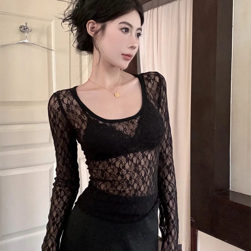 

2025 женская сексуальная дизайнерская одежда с длинными рукавами, женские прозрачные короткие топы в сеточку, женские модные универсальные кружевные корсетные футболки