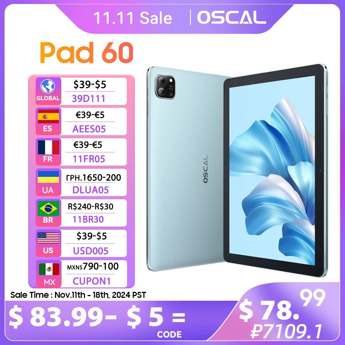 Oscal Pad 60 Tablet 3GB RAM 64GB ROM 6580mAh Battery Android 12 10.1'' HD+ Display Dual Box Speaker Wifi Tablets PC