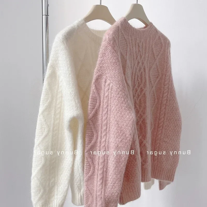 Peach Color Cable Knit Round Neck Sweater Women's Angora Outerwear 2024 Autumn/Winter New Loose-Fit Vintage Pullover Knitted Top