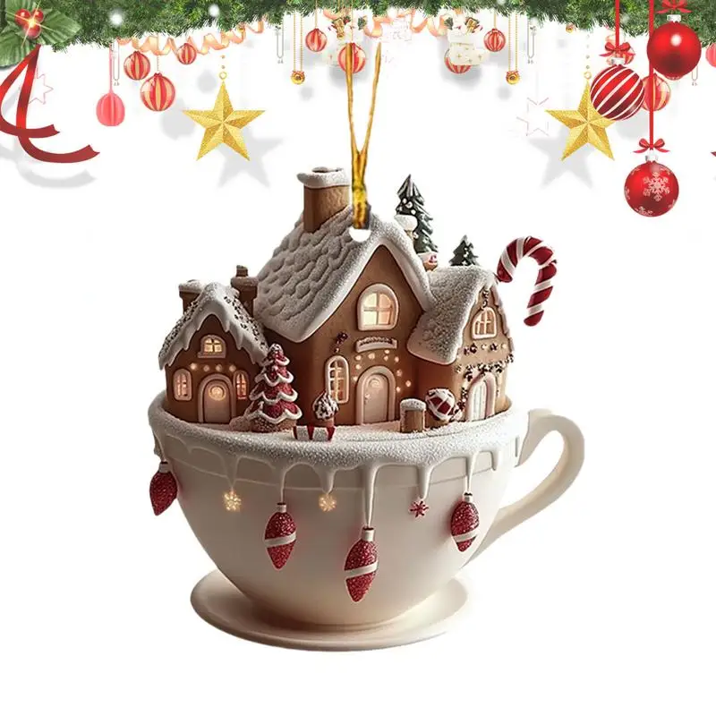 Christmas Snow Houses Hot Chocolate Mug Hanging Ornaments For Christmas Tree 2D Acrylic Car Interior Pendant Decorations