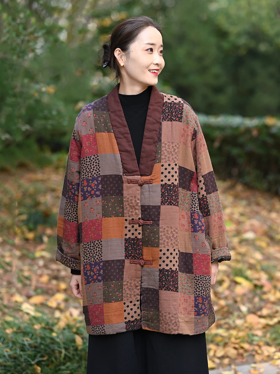 

100% хлопок, женские толстые теплые повседневные парки, Новое поступление, зима 2025 года, винтажный стиль, с v-образным вырезом, клетчатые женские длинные пальто с цветочным принтом M2059