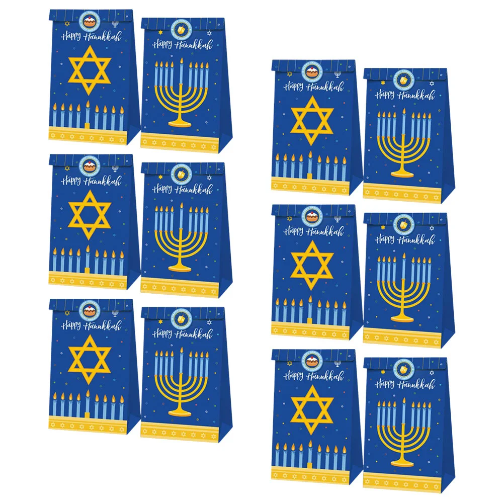 

12 Pcs Hanukkah Jewish New Year Holiday Gift Bag Nine-headed Menorah Pattern Birthday Candy 12pcs Chic