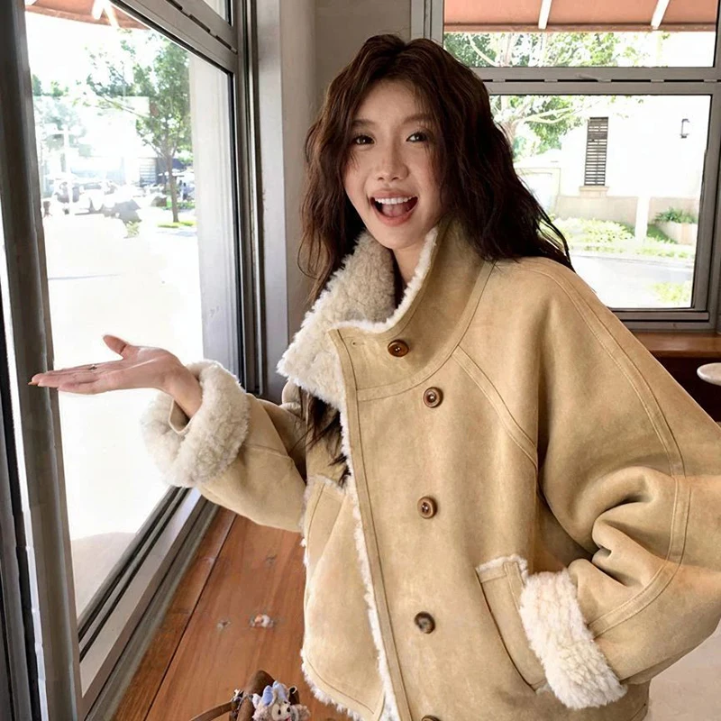 Faux Shearling Thick Warm Coat Women Loose Casual Vintage Buttons Jacket Fall Winter Office Lady Retro Long Sleeve Outwear Tops