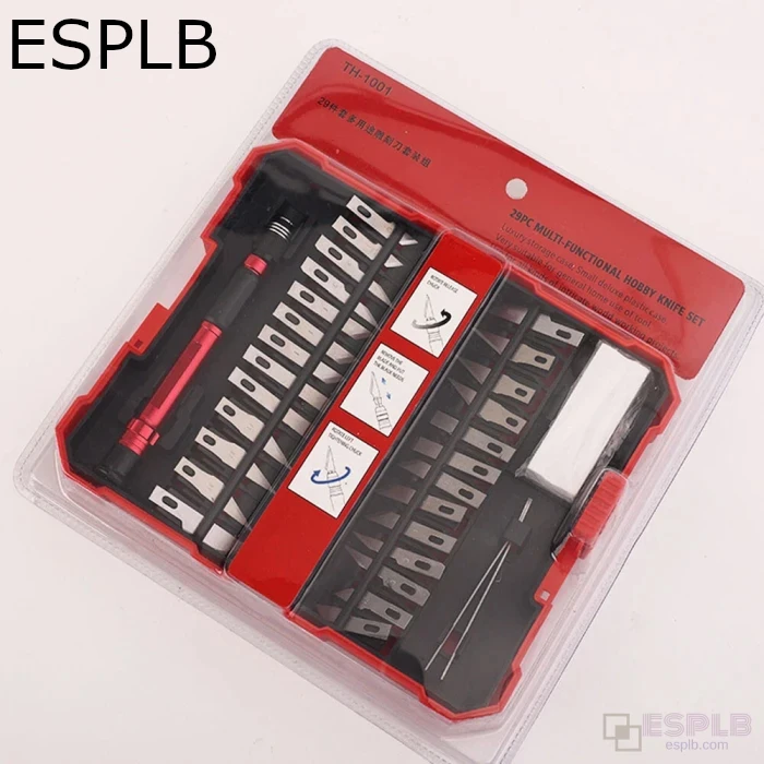 ESPLB 29-teiliges Gravur-Aluminium-Gummi-Skalpellmesser-Set, Hobby, multifunktionales Schnitzen, Basteln, Kunstwerken, Holzlöffel, Schneider mit Box