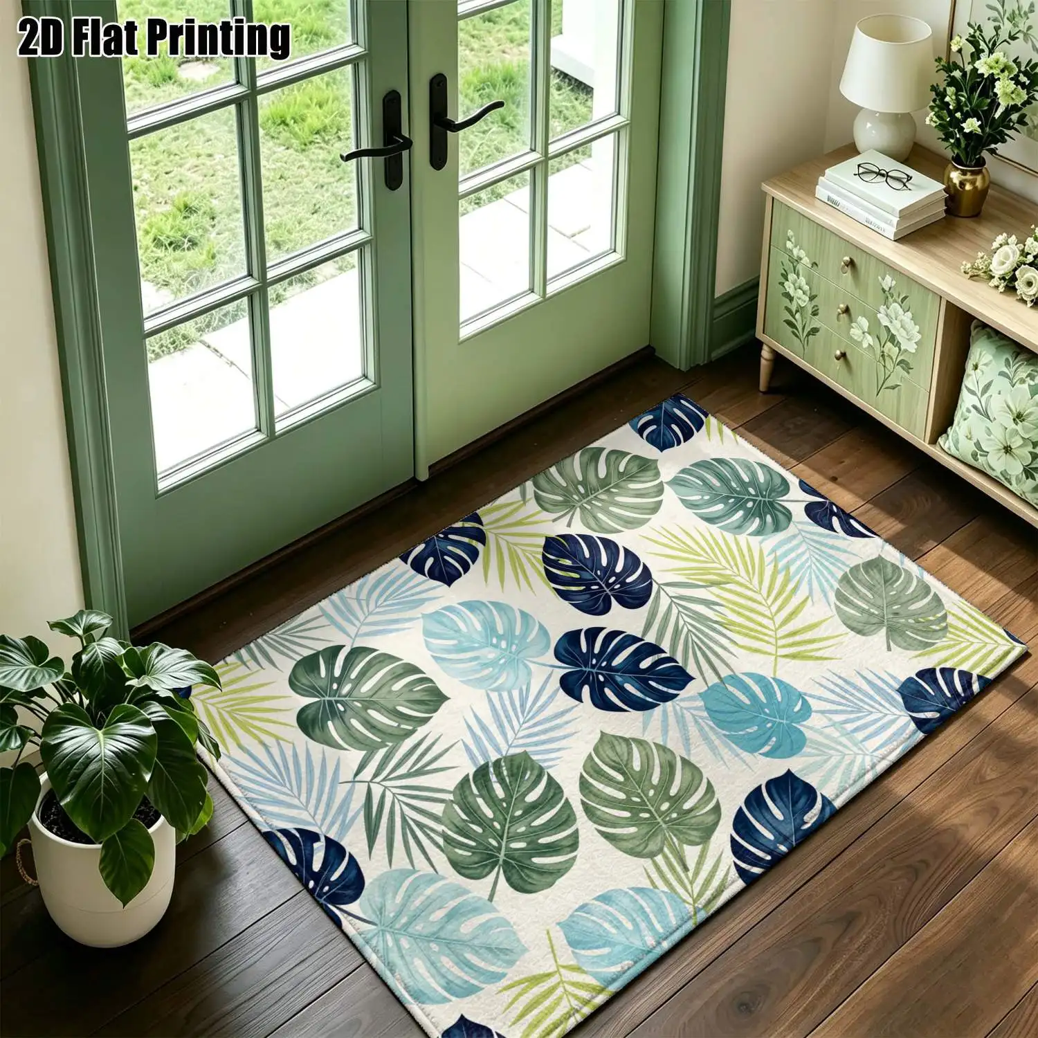 1Pc 2D Printed Blue-Green Plant Nordic/Geometric Striped Minimalist Carpets: Machine Washable, Multi-Size, Suitable for Home Decor, Ideal for Entryway/Dining/Living/Bedroom Floors, Instagram-Style Floor Mats