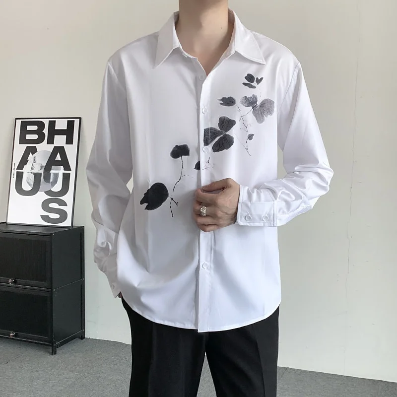 

Новая мужская рубашка в китайском стиле с длинным рукавом, белая, с принтом «водные чернила», свободного кроя, молодежный тренд, премиум-класс